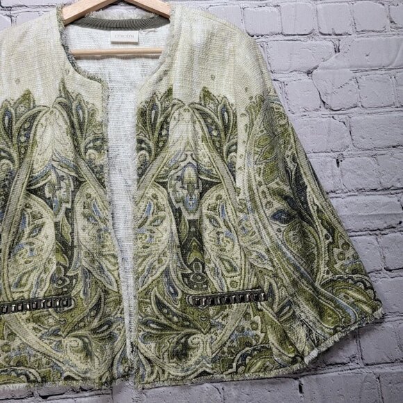 Chico's Embellished Heritage Tweed Jacket Green Frayed Trim Accent Size ? - Picture 3 of 14